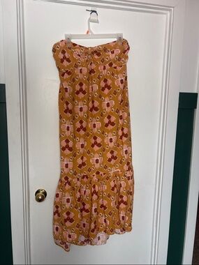 Strapless Floral Boho Maxi Dress in Mustard & Pink